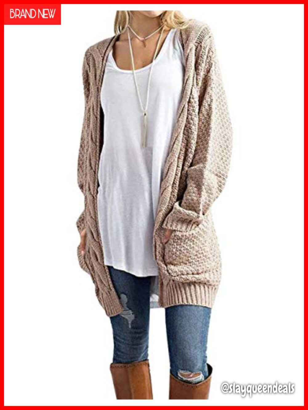 Women's Cable-Knit Long Sleeve Open Front Cardigan Sweater with Pockets